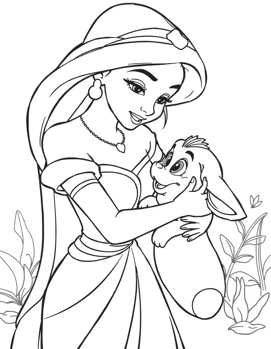 Jasmine holding Abu, patting his head gently.