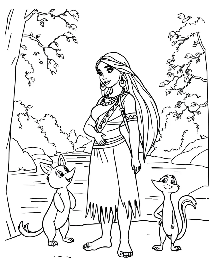 Pocahontas (Pocahontas) standing by the river, with Meeko and Flit beside her.