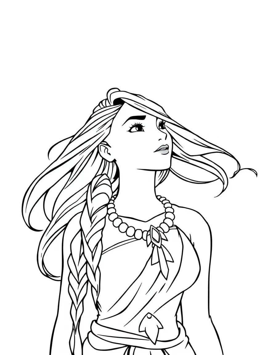 Pocahontas listening to the wind, her hair and necklace flowing.