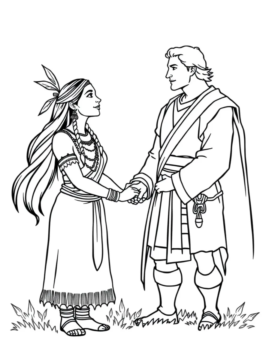 Pocahontas and John Smith holding hands, looking at each other warmly.
