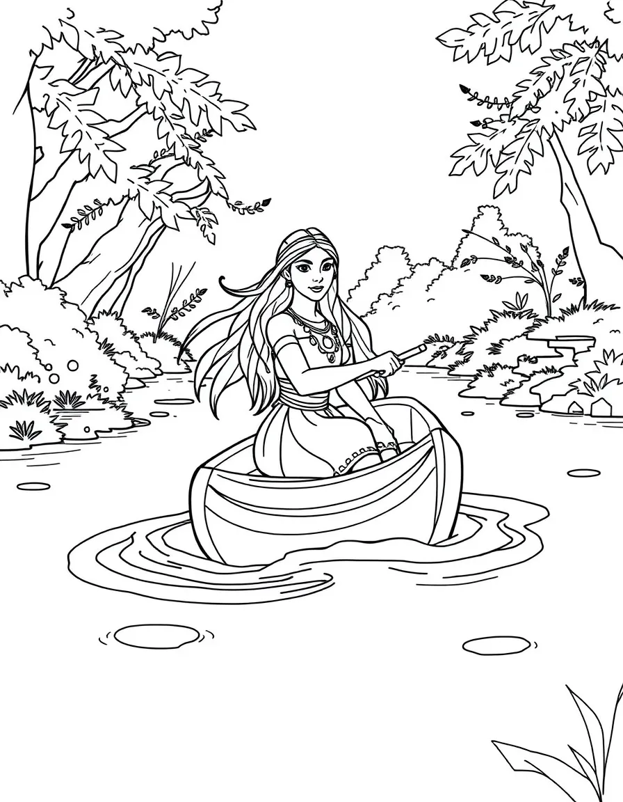 Pocahontas paddling a canoe through a peaceful river, surrounded by nature.