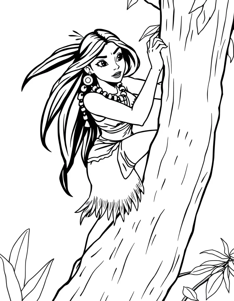Pocahontas climbing a tree, looking agile and adventurous.