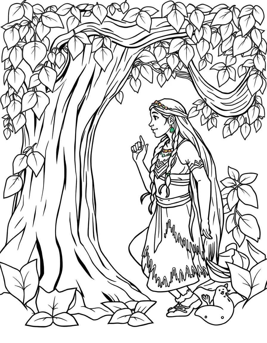 Pocahontas interacting with Grandmother Willow, surrounded by glowing leaves.