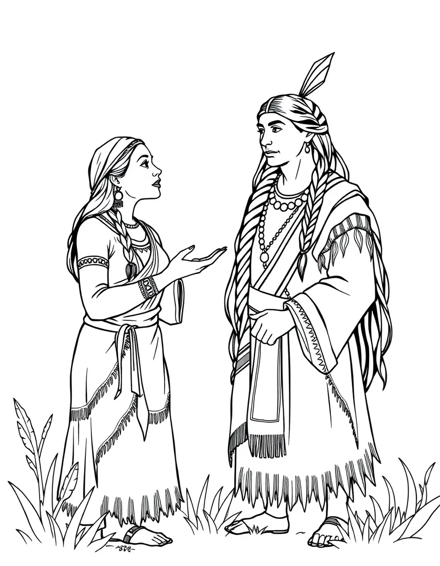 Pocahontas teaching John Smith about her culture, sharing a moment of understanding.