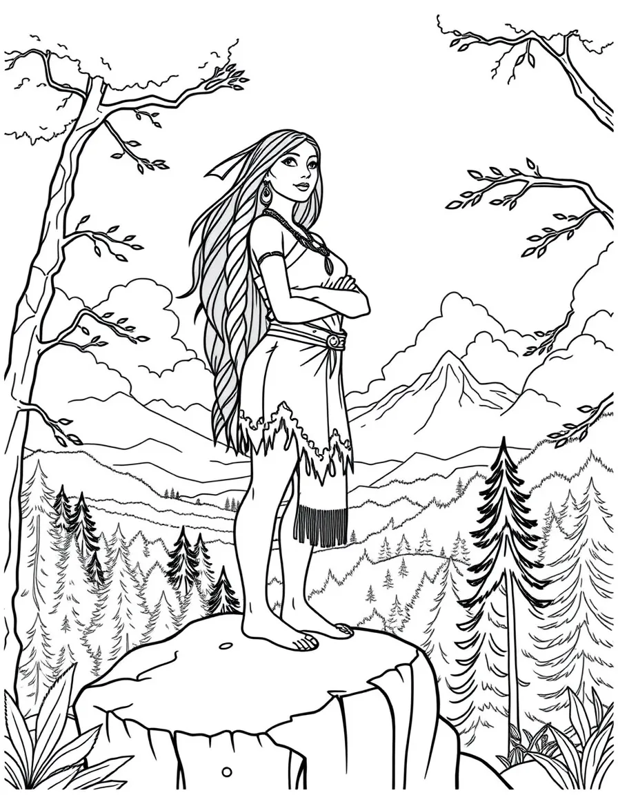 Pocahontas standing on a cliff overlooking the beautiful wilderness.