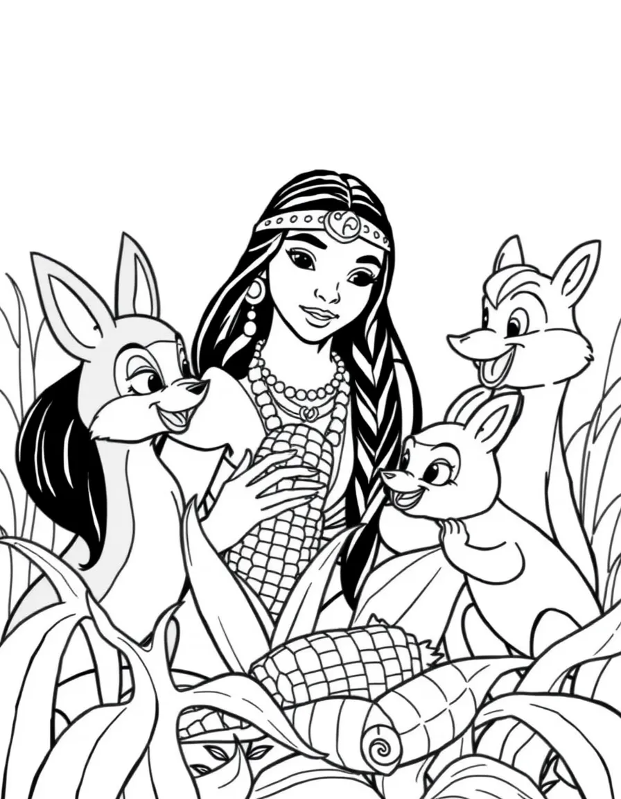 Pocahontas sharing corn with Meeko and Flit, looking contented.