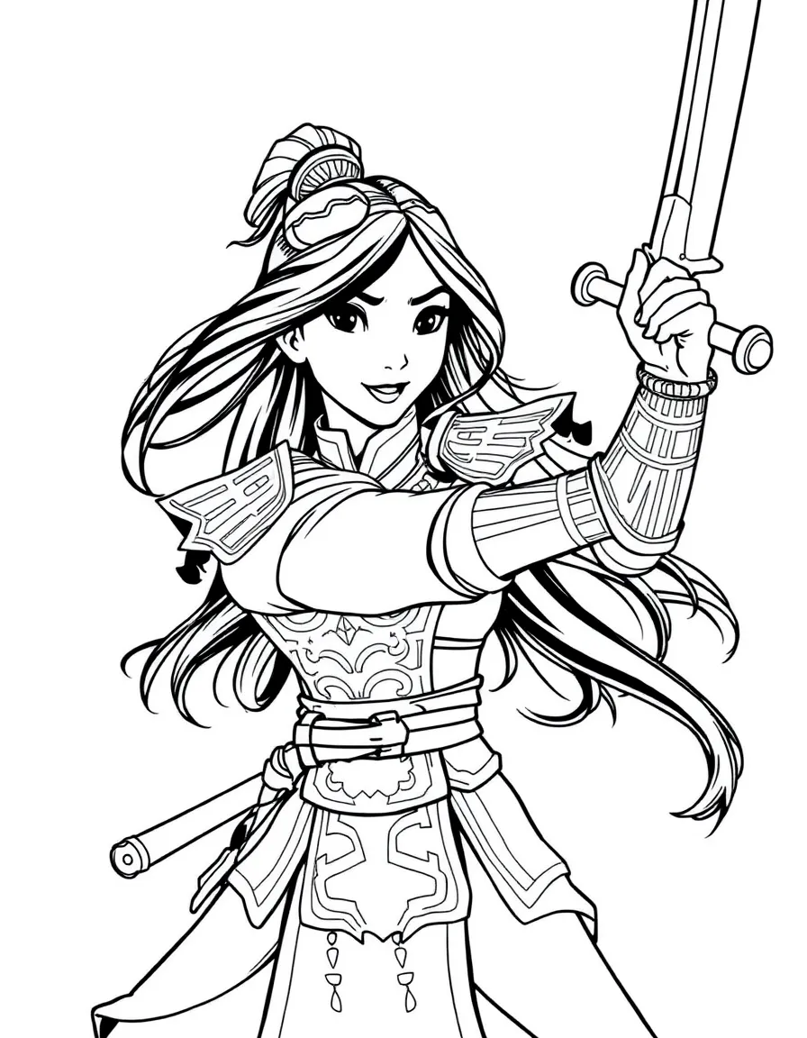 Mulan (Mulan) in her battle armor, striking a powerful pose with her sword.