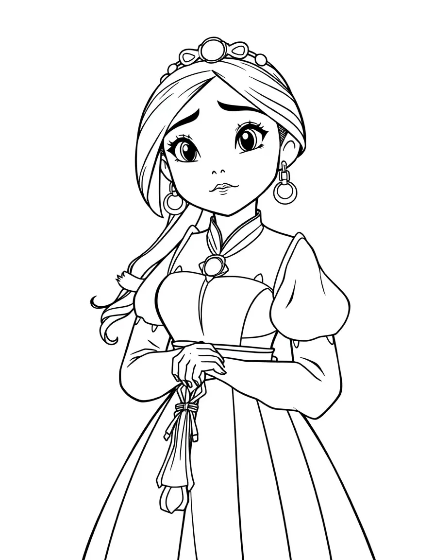 Mulan dressed in a beautiful dress for the matchmaker, looking nervous.