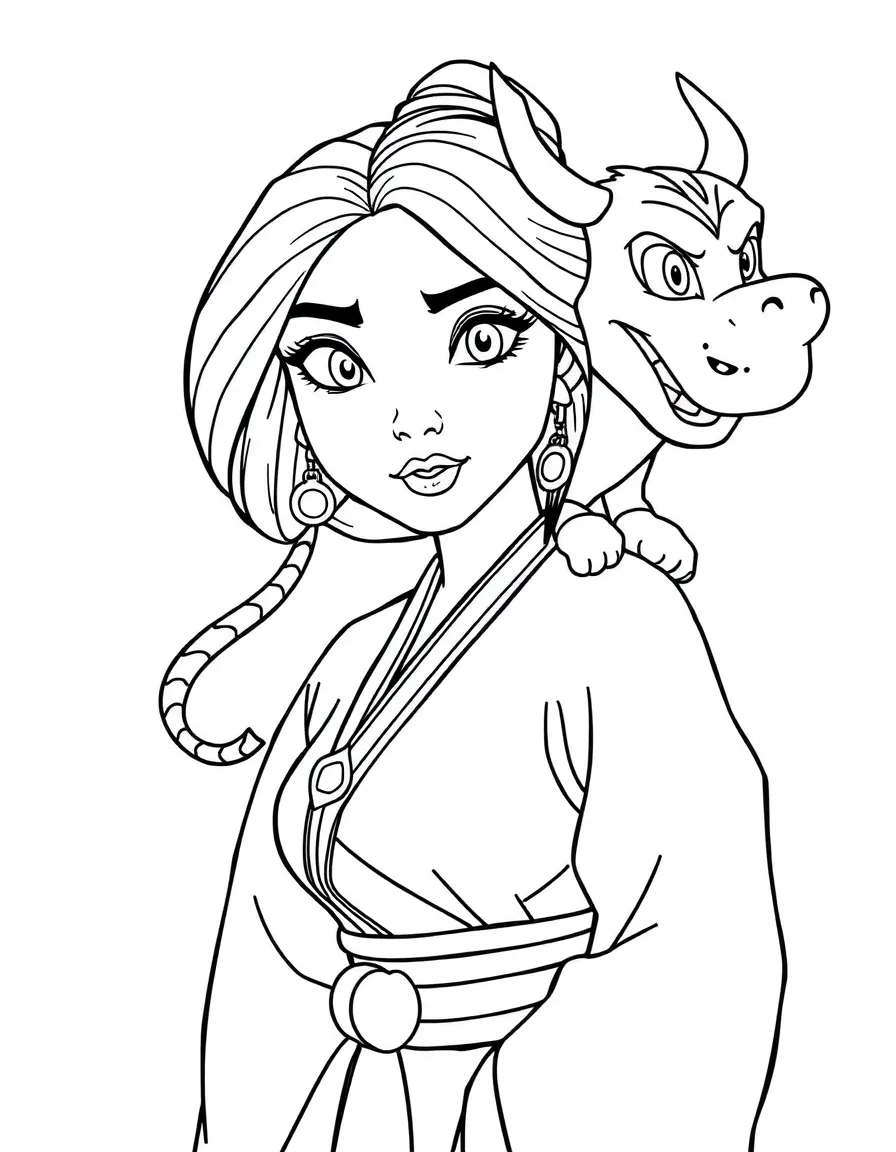 Mulan with Mushu on her shoulder, looking determined and courageous.