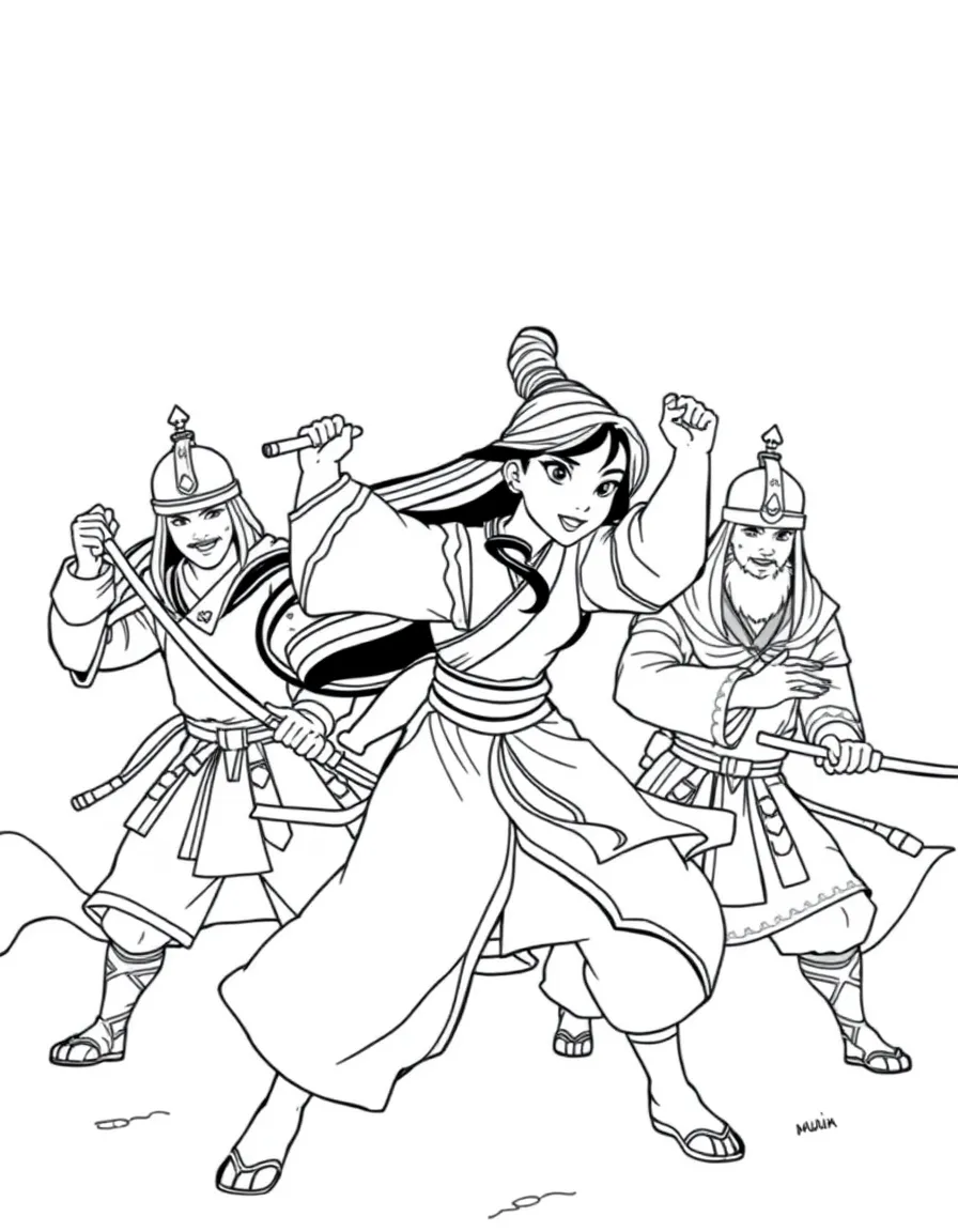 Mulan training with the other soldiers, showing her strength and agility.