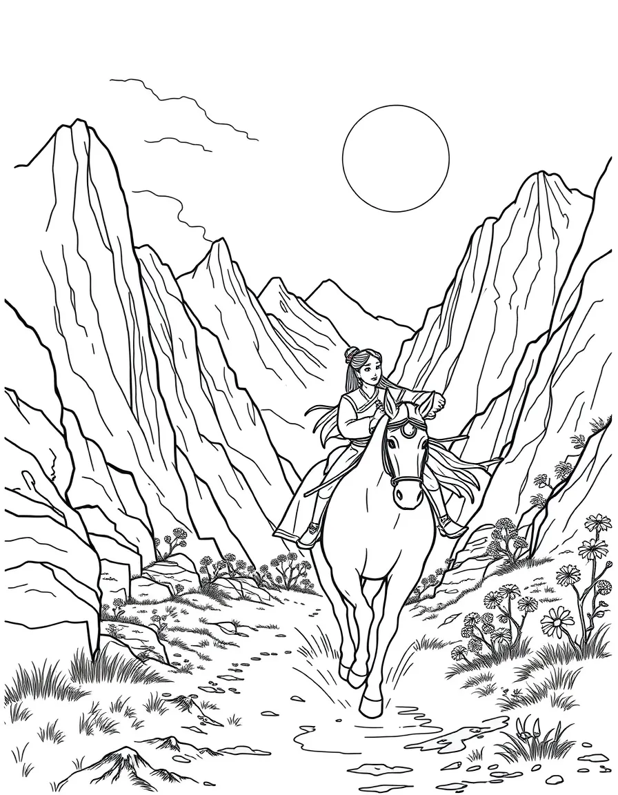 Mulan riding her horse through a scenic mountain pass.