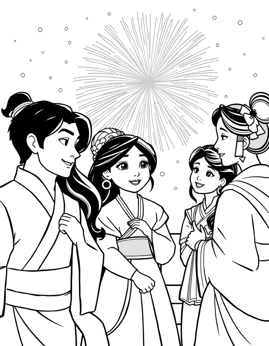 Mulan watching fireworks with her family, looking proud.