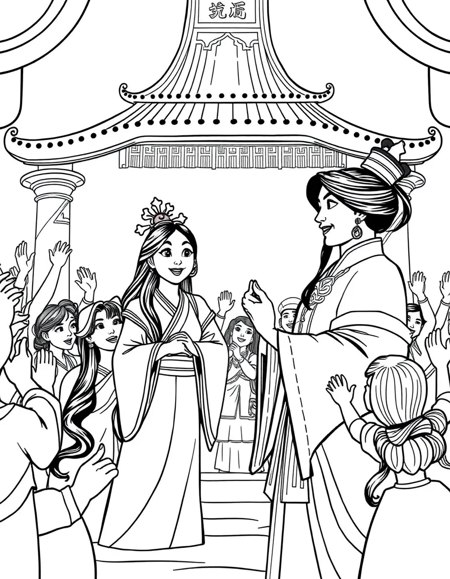 Mulan being honored by the Emperor, surrounded by cheers.