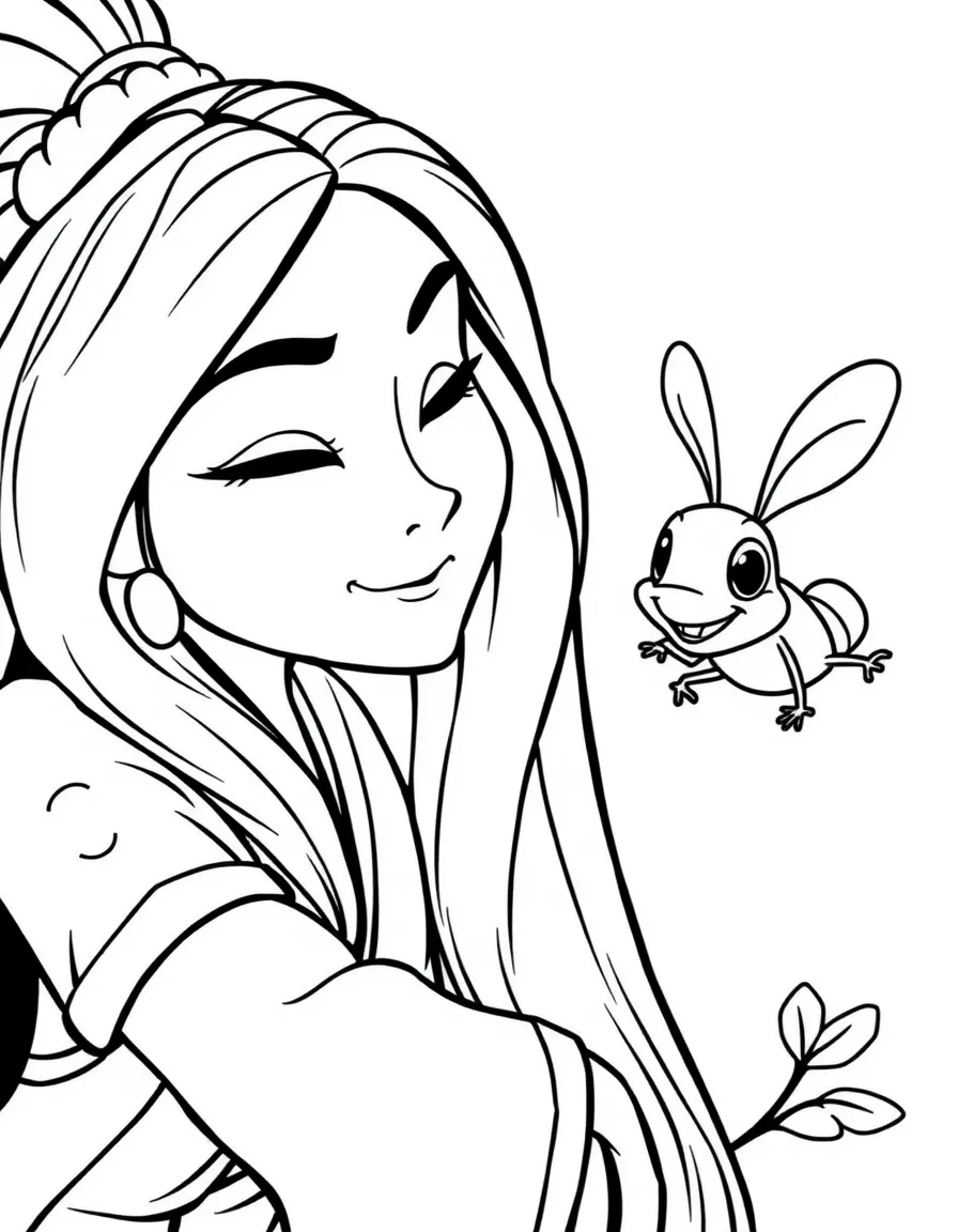 Mulan with Cri-Kee, her lucky cricket, smiling softly.