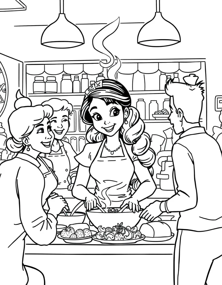 Tiana cooking in her restaurant, surrounded by delicious food and happy customers.