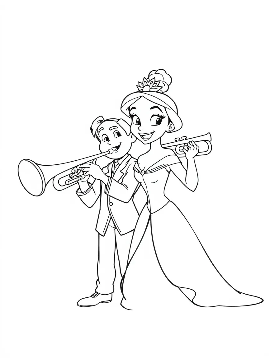 Tiana with Louis playing his trumpet, looking excited.