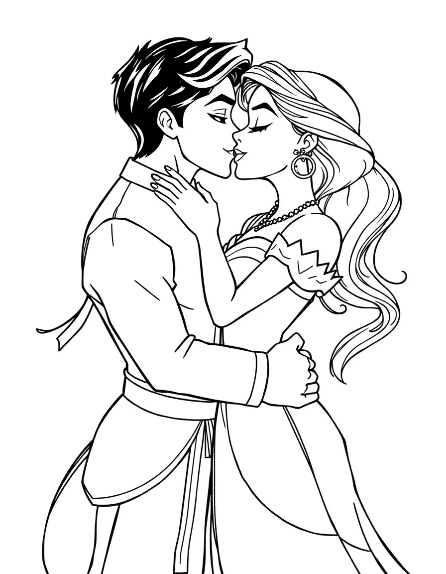 Tiana and Naveen kissing, transforming back into humans with a magical glow.