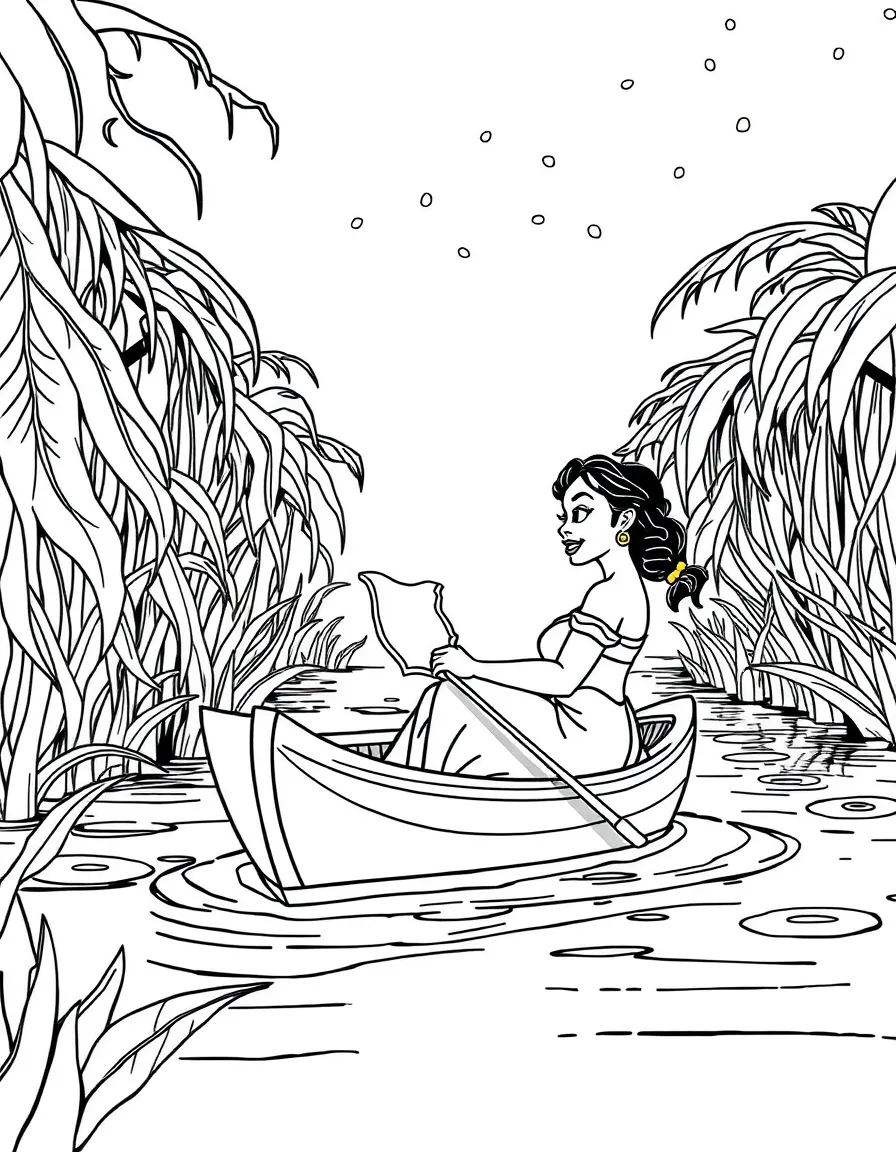 Tiana rowing a boat through the bayou, surrounded by fireflies.