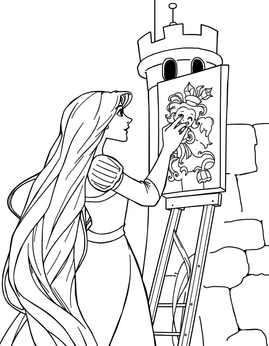 Rapunzel (Tangled) with her long, flowing hair, painting a picture on the tower wall.