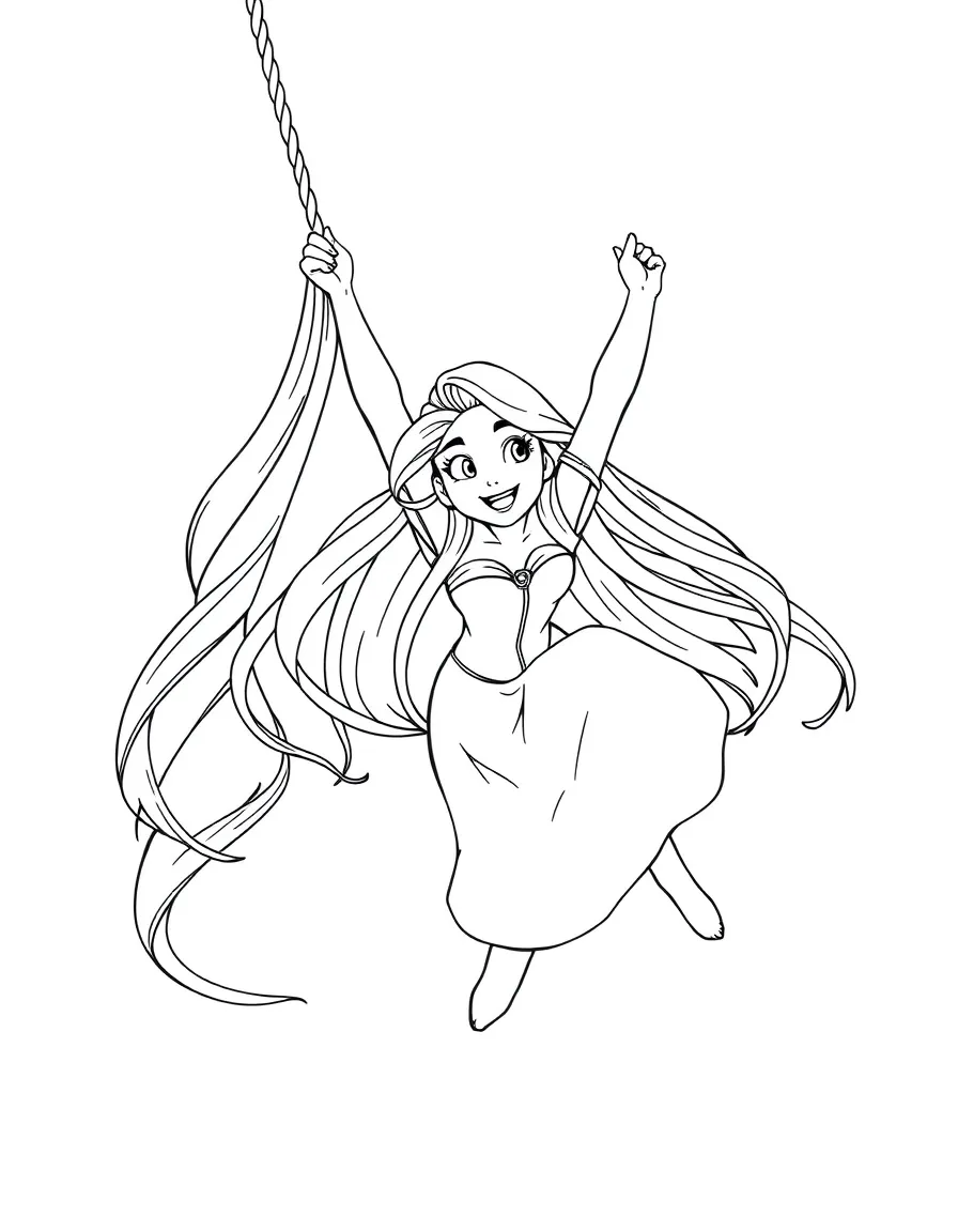 Rapunzel swinging from her hair, looking joyful and free.