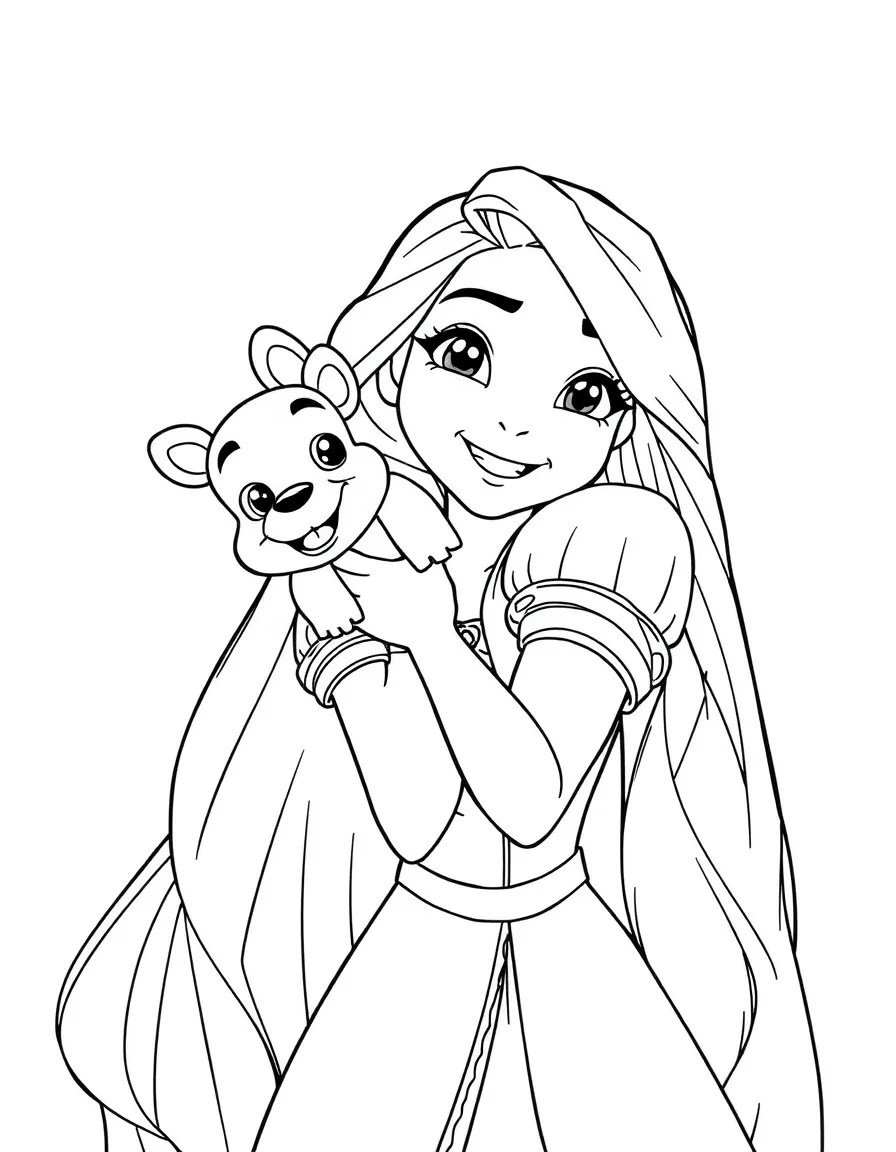 Rapunzel holding Pascal on her shoulder, smiling playfully.