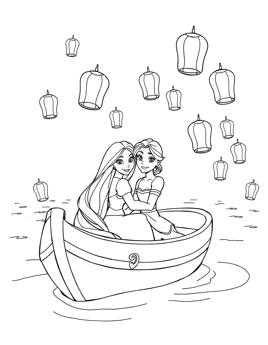 Rapunzel and Flynn Rider in a boat, surrounded by floating lanterns.