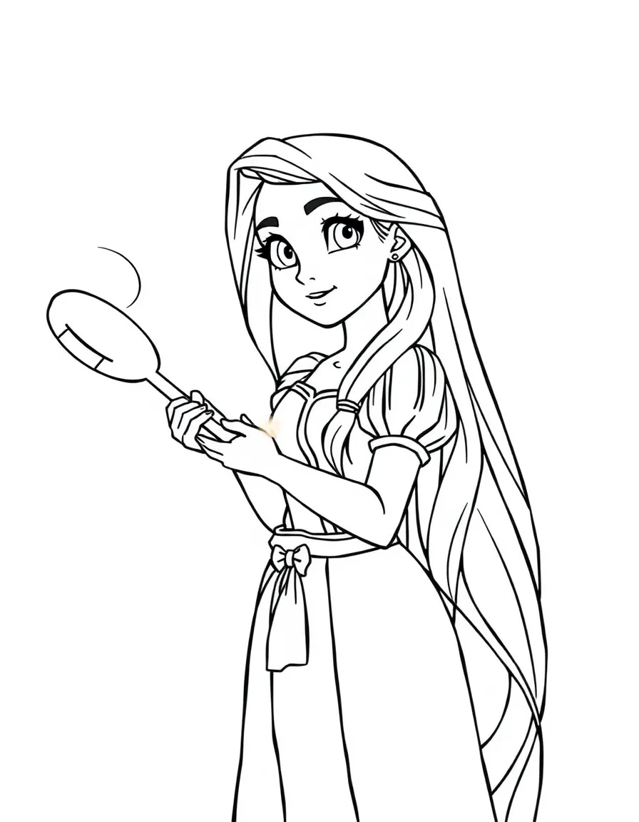 Rapunzel with her frying pan, looking ready for adventure.