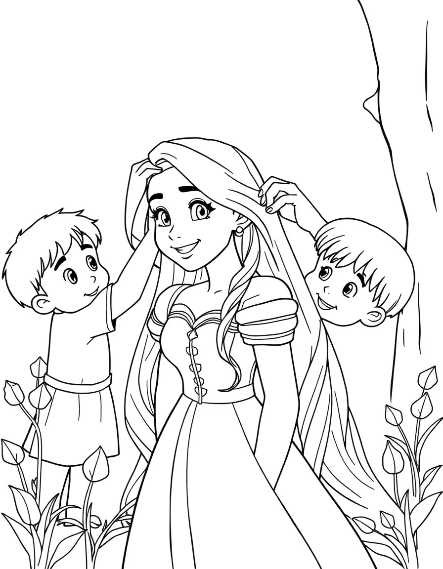 Rapunzel getting her hair braided by the village children, looking happy.