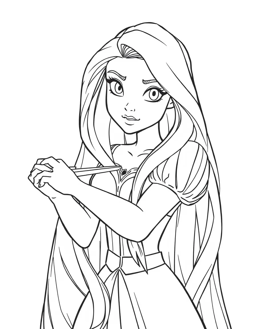 Rapunzel cutting her long hair, looking determined.