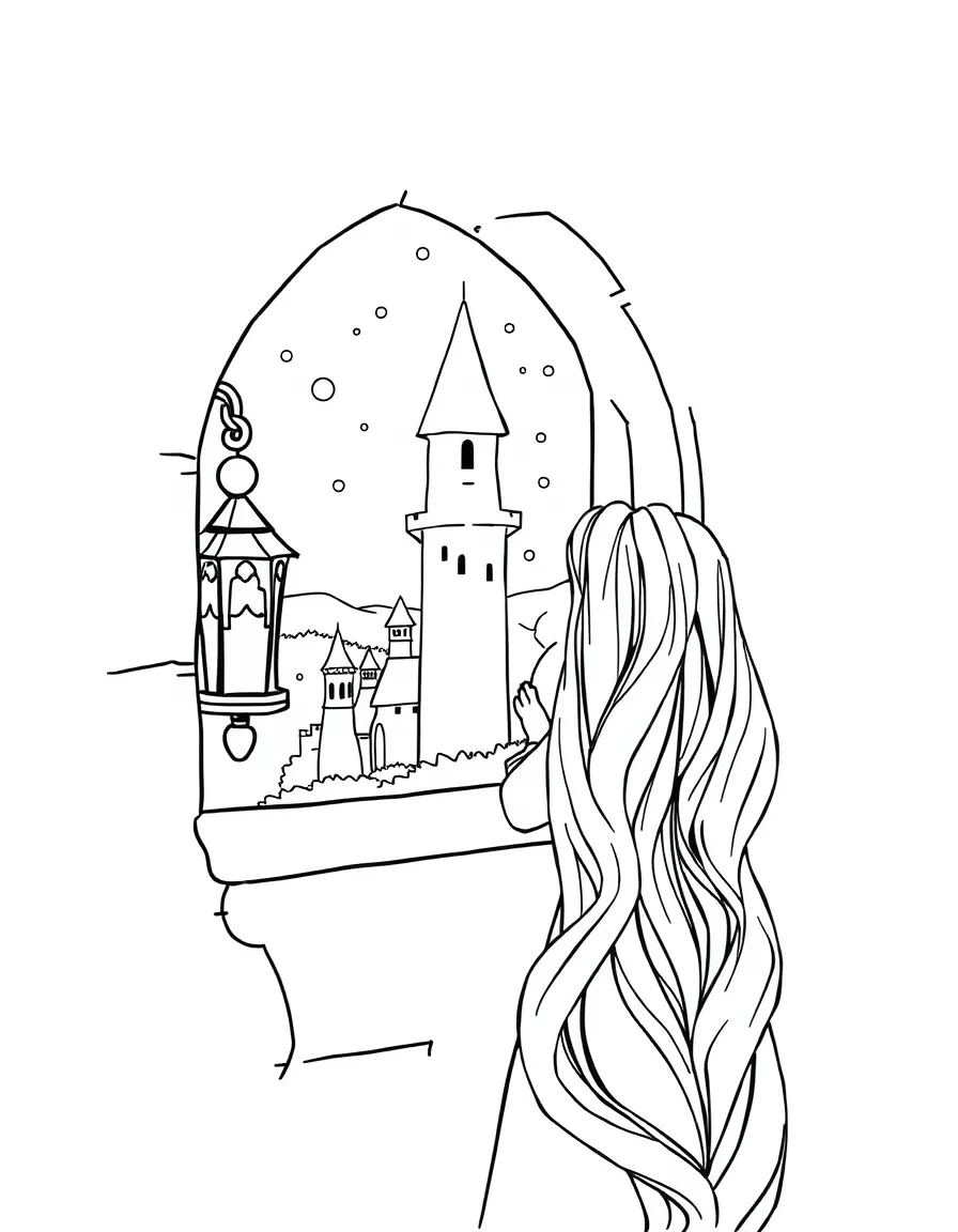 Rapunzel looking at the glowing lanterns from the tower window.
