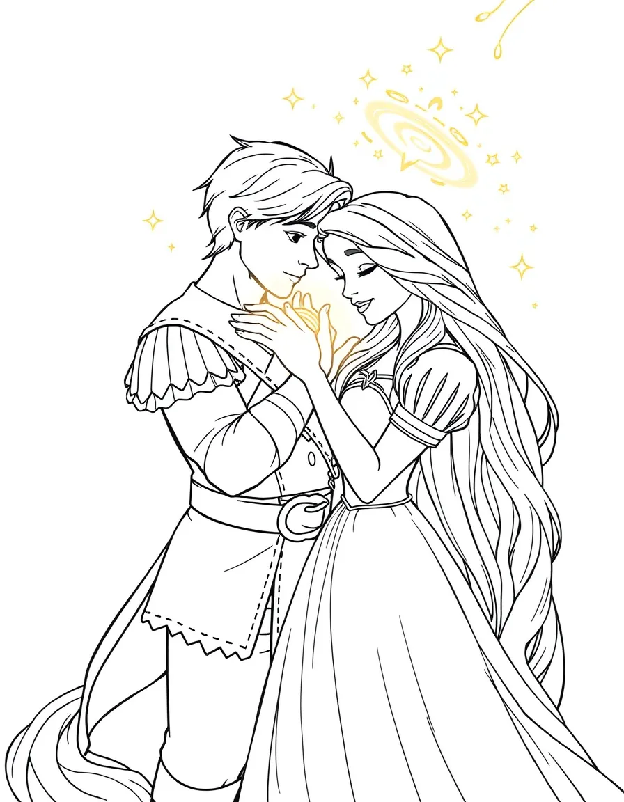Rapunzel healing Flynn Rider with her magical hair, surrounded by golden light.