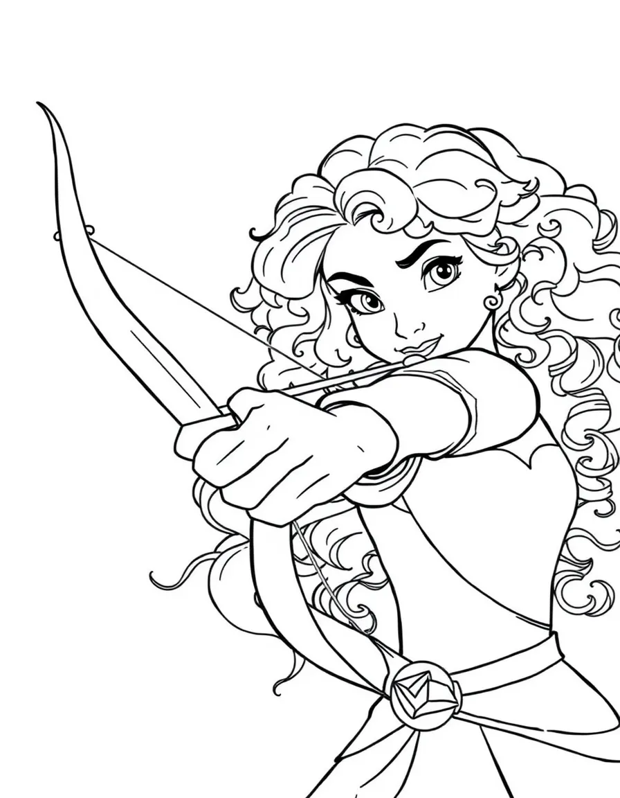 Merida (Brave) with her fiery red, curly hair, shooting an arrow from her bow.