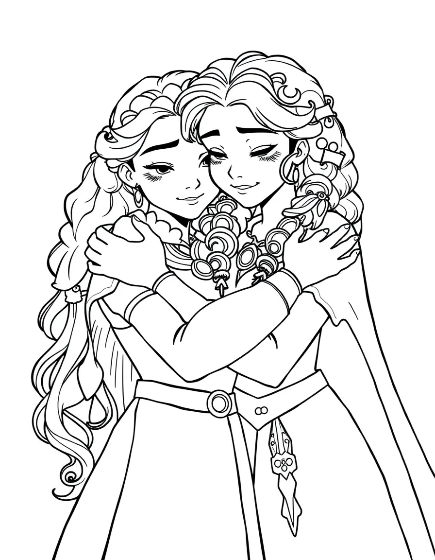 Merida and her mother, Queen Elinor, sharing a loving hug.
