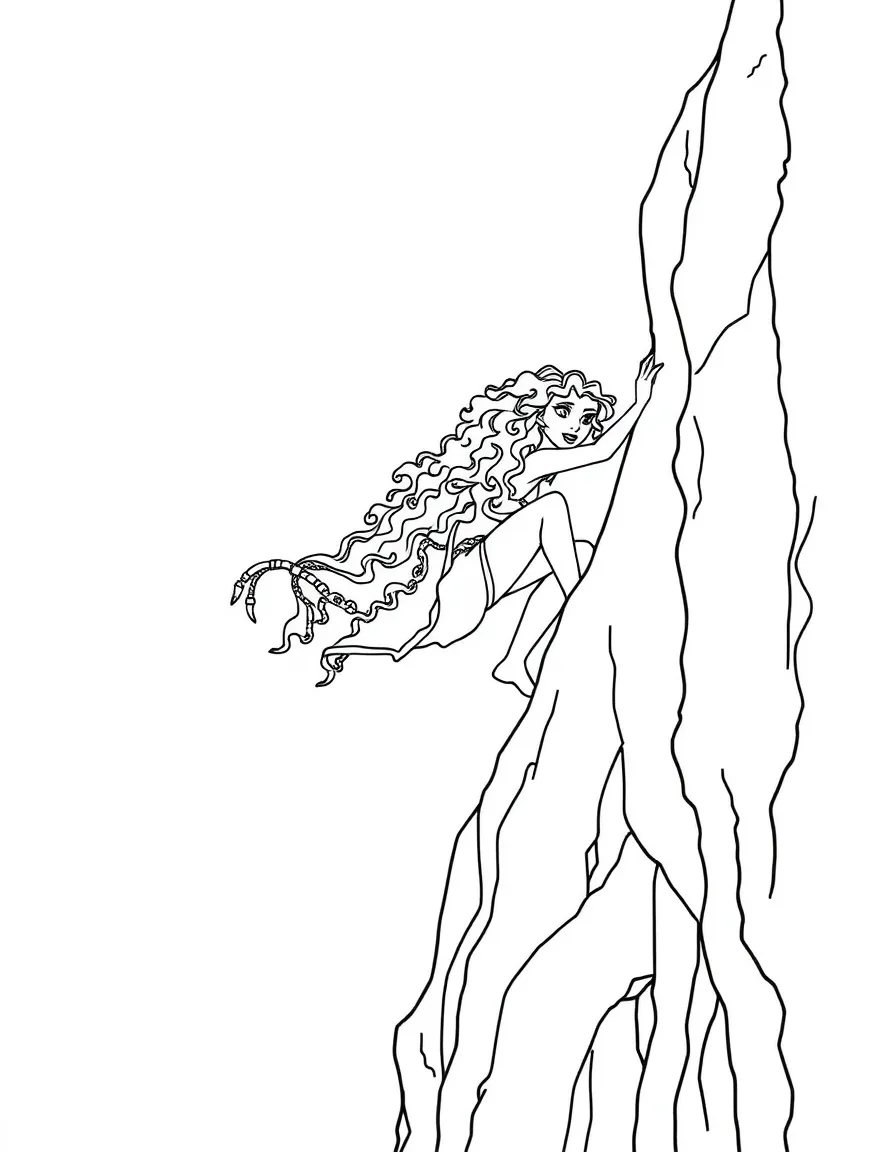 Merida climbing a rocky cliff, showing her strength and bravery.