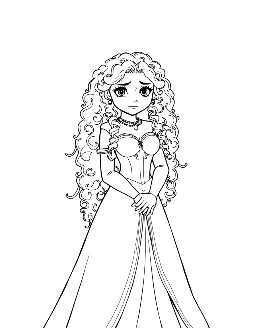 Merida in her royal gown, looking uncomfortable at a formal event.