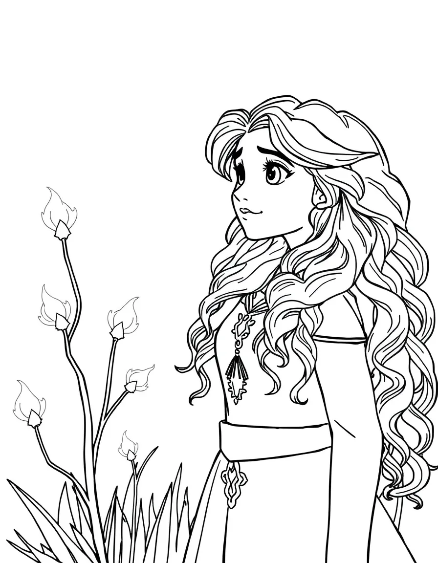 Merida looking at the will-o'-the-wisps, following their magical glow.