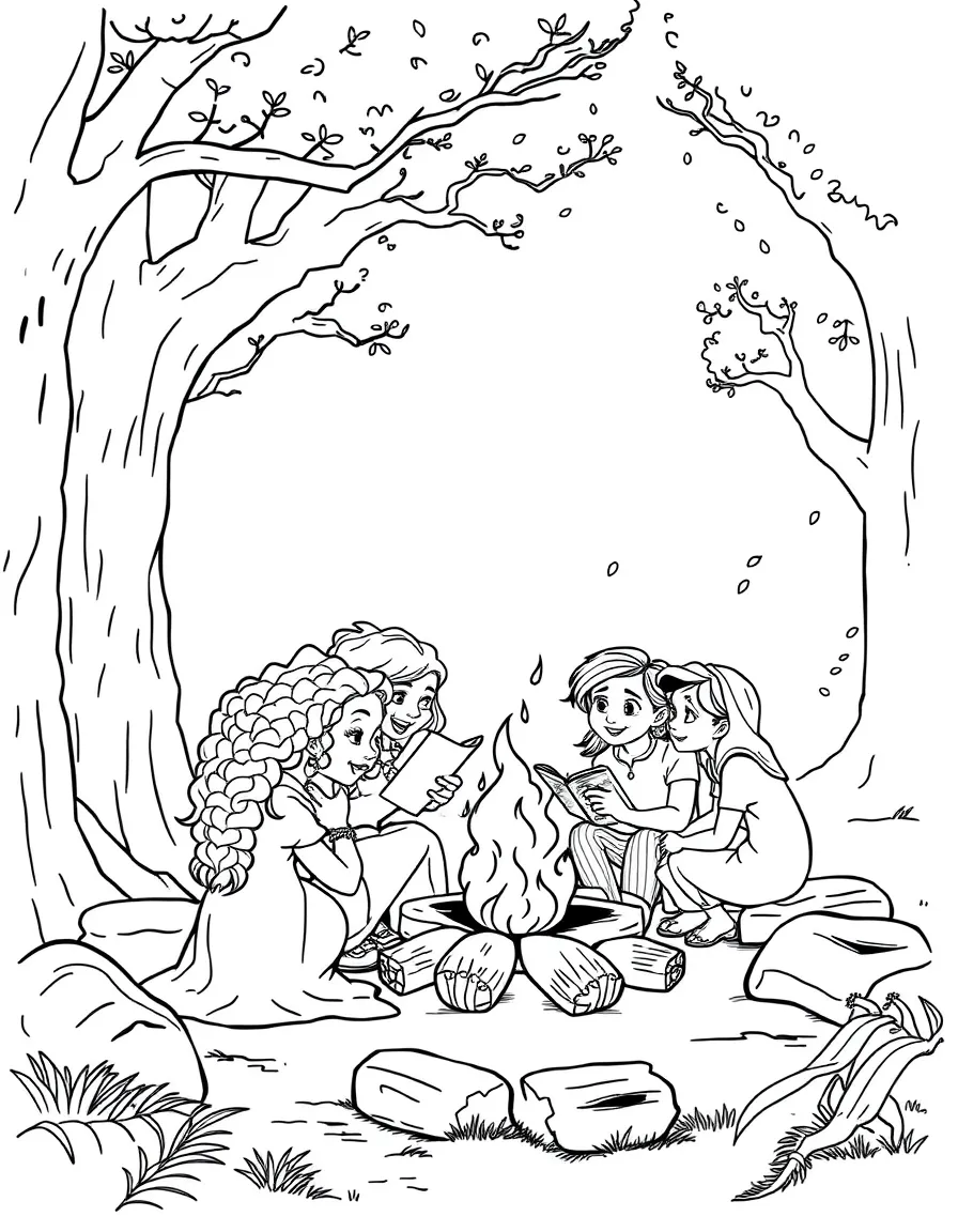 Merida telling a story by a campfire, surrounded by her family.