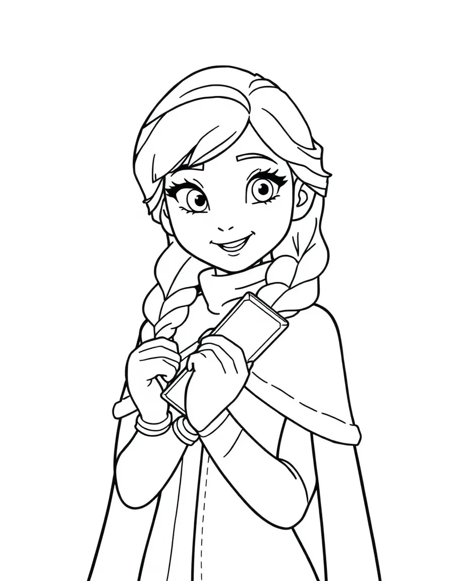 Anna (Frozen) in her winter outfit, holding a chocolate bar and smiling.