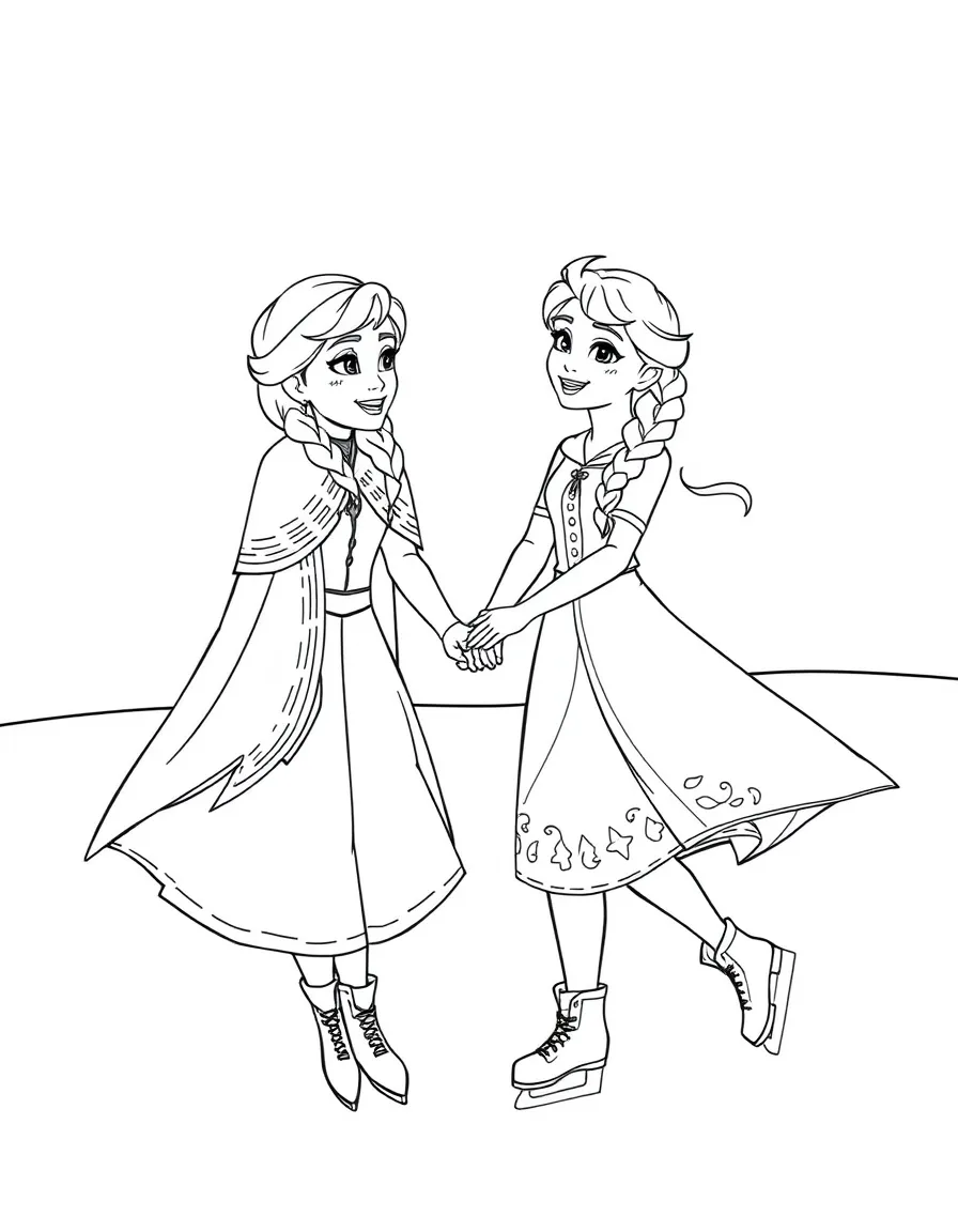 Anna and Elsa ice skating together, holding hands and laughing.