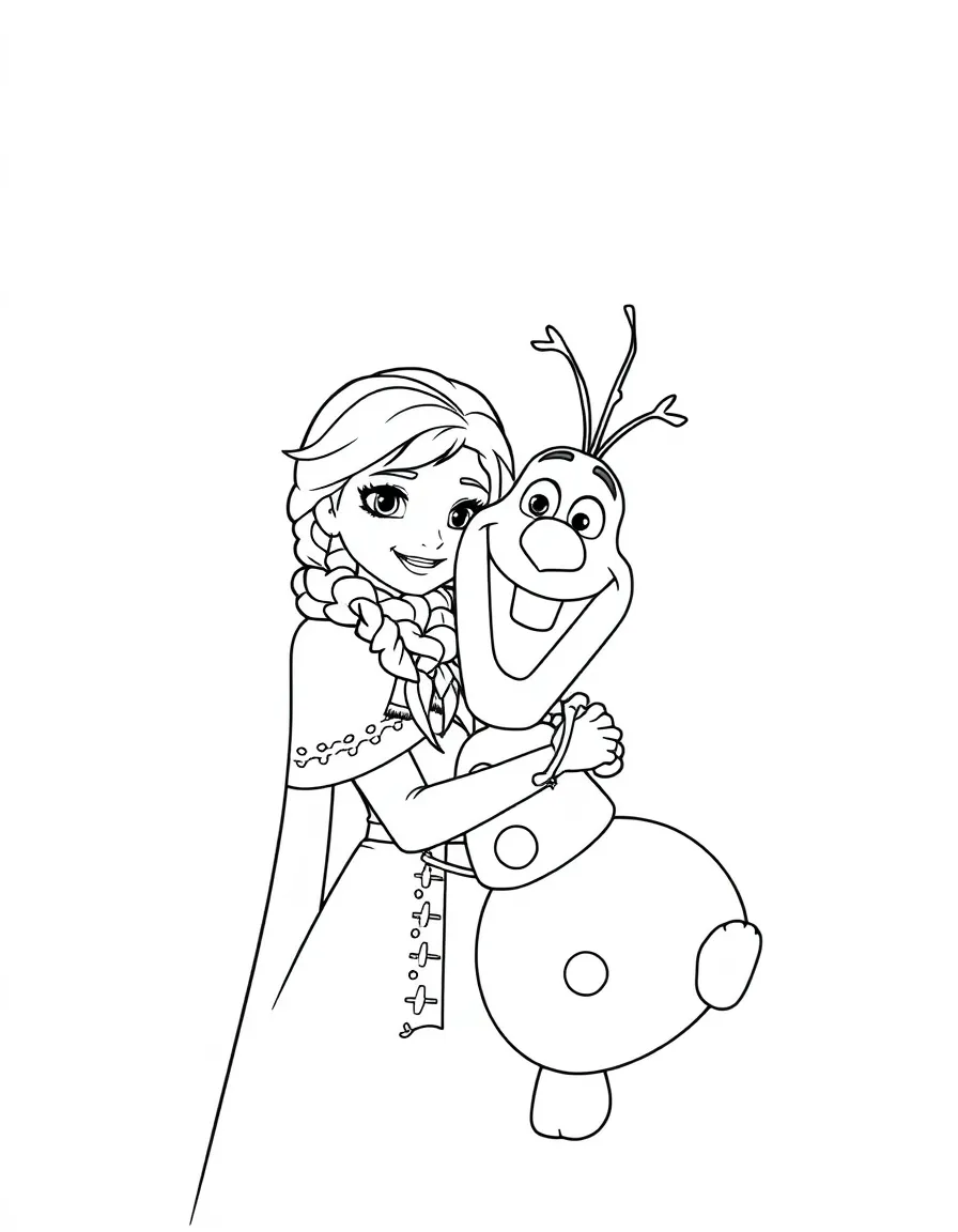 Anna with Olaf, enjoying a warm hug in the snow.