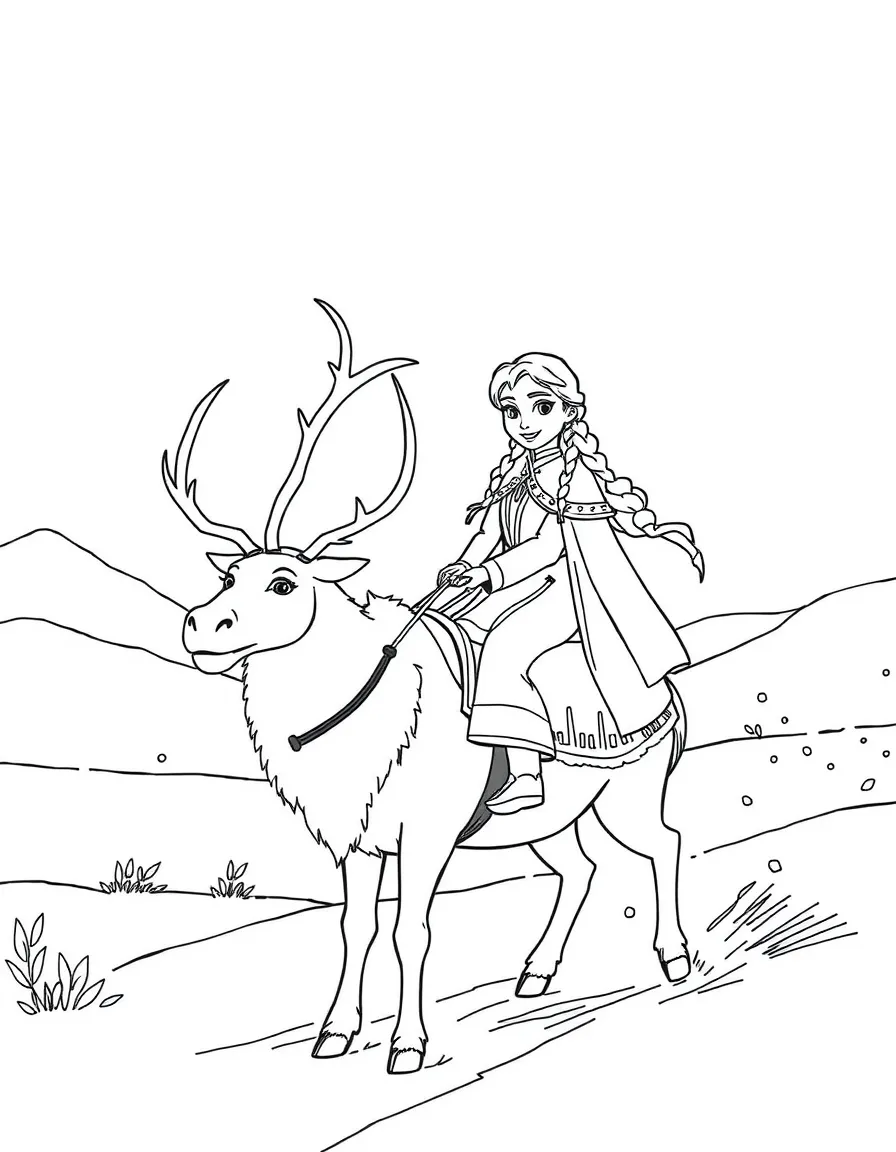 Anna and Kristoff on Sven, riding through a snowy landscape.