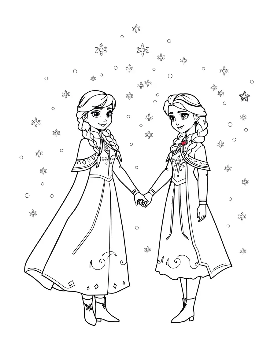 Anna and Elsa holding hands, surrounded by a magical blizzard.