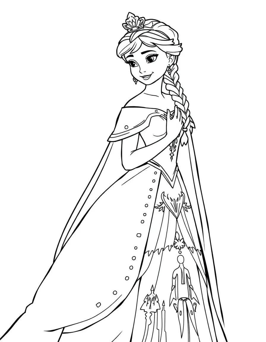 Anna trying on a beautiful coronation gown, looking elegant.
