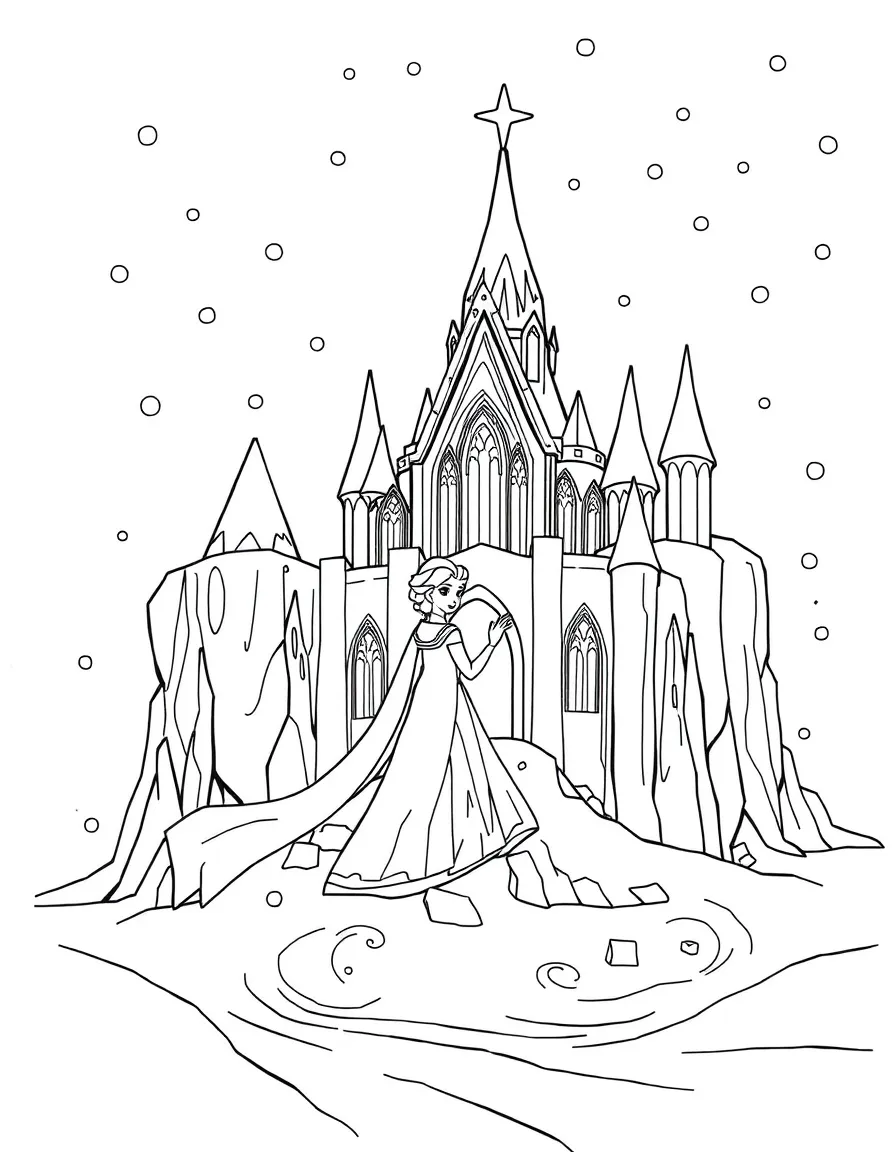 Elsa building her ice palace, surrounded by swirling snow.