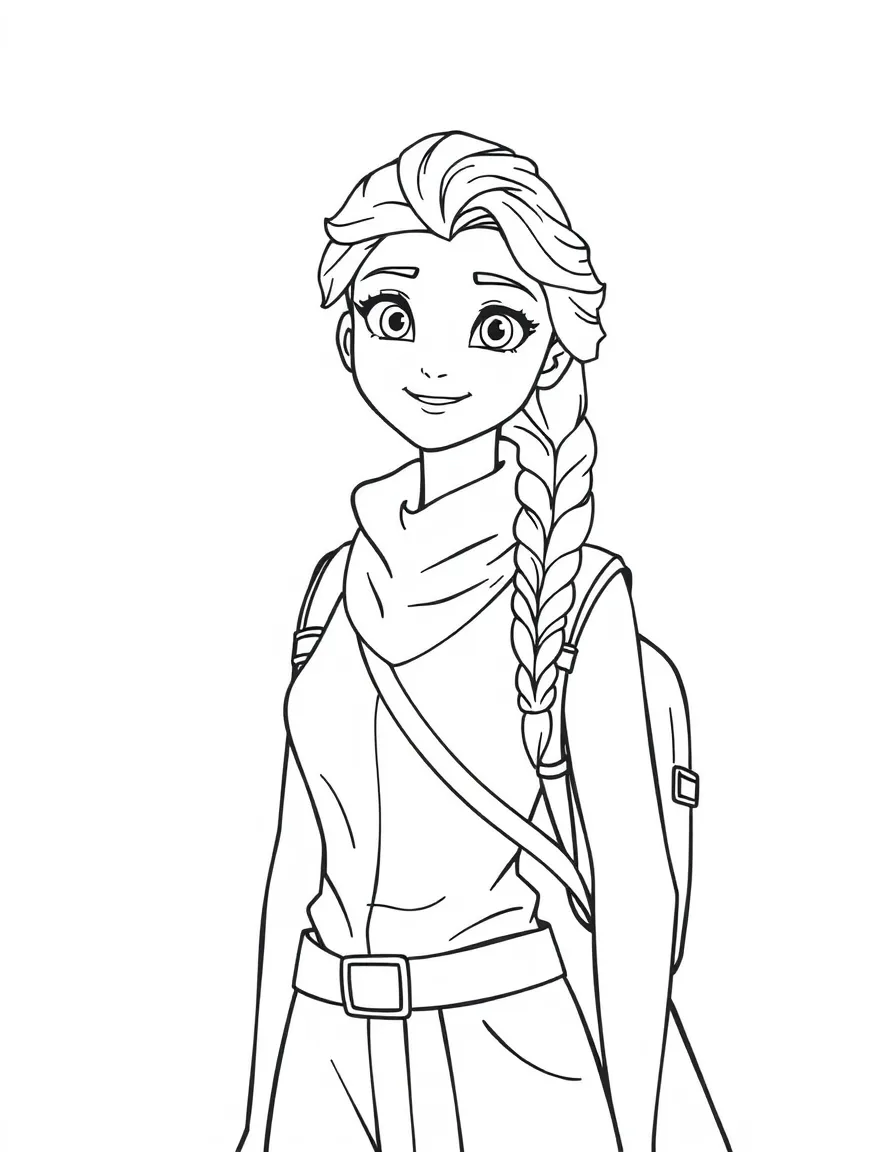 Elsa with her hair down, wearing her travel outfit, looking adventurous.