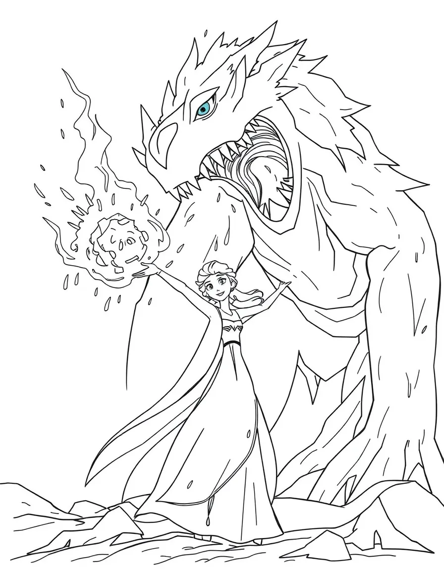 Elsa summoning a giant ice monster, looking powerful.