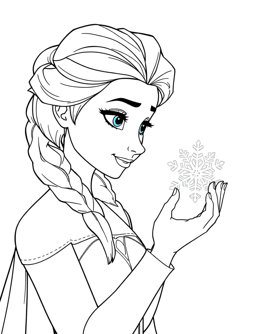 Elsa looking at a magical snowflake in her hand, thoughtful.