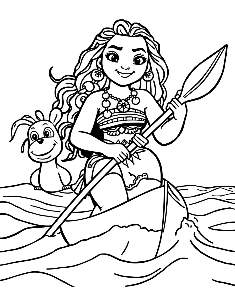 Moana (Moana) on her canoe, sailing across the ocean with Heihei.