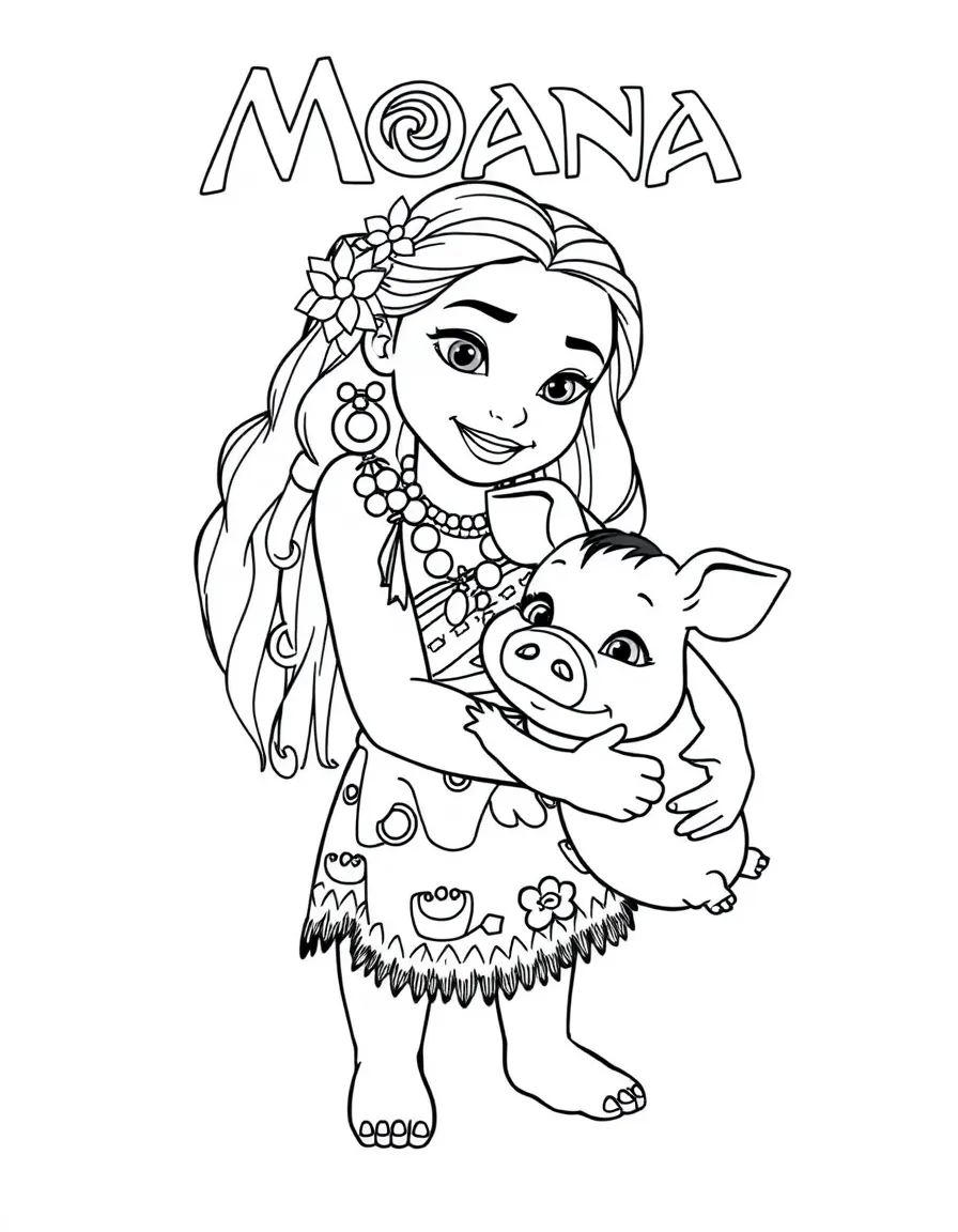 Moana with Pua, her adorable pet pig, giving him a hug.