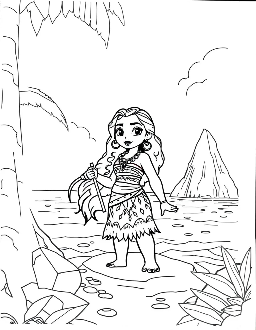 Moana exploring a new island, looking curious and brave.